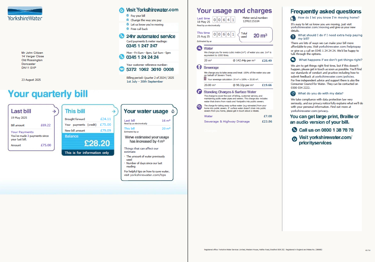United Kingdom Yorkshire Water utility bill template in Word and PDF formats, 2 pages, version 2